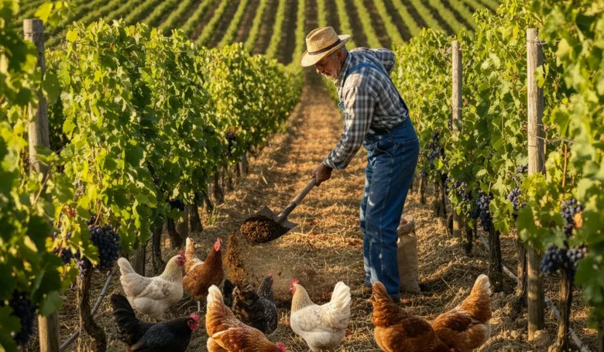 کشاوز در حال استفاده از کود مرغی در تاکستان انگور