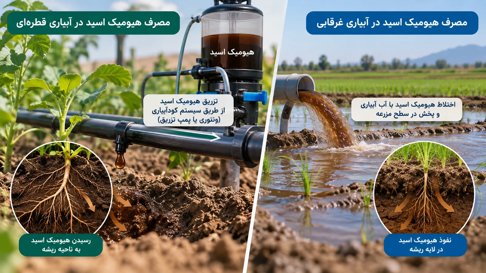 نحوه مصرف هیومیک در آبیاری قطرهای و غرقابی